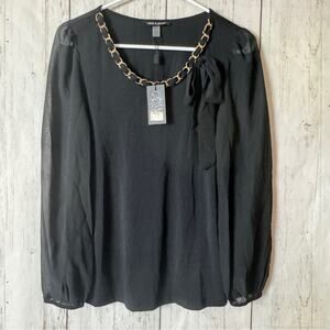 Cable & Gauge  Black Sheer Long Sleeve Gold Bow Detail Neckline Sz XS NWT